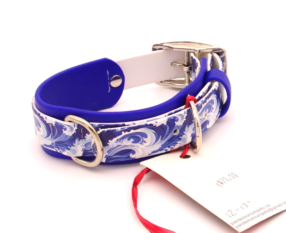 Medium 1.5 inch wide, double layer UV printed Biothane - Wave - 12 - 17 inches, nickel hardware