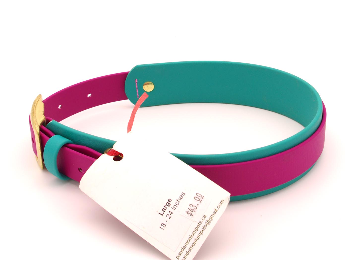 Large - 1.5 inch wide - double layer biothane - Magenta and Teal with Brass Plated Hardware - 18 - 24 inches