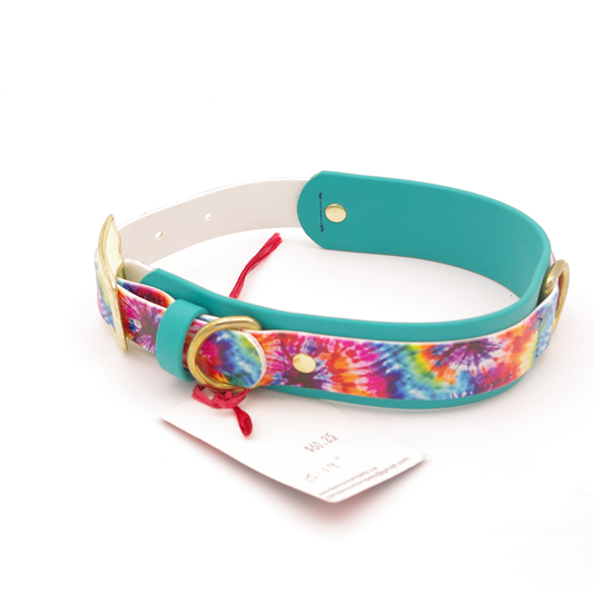 Tie Die Collar: Medium-Large - Tye-Dye UV printed and Teal Biothane