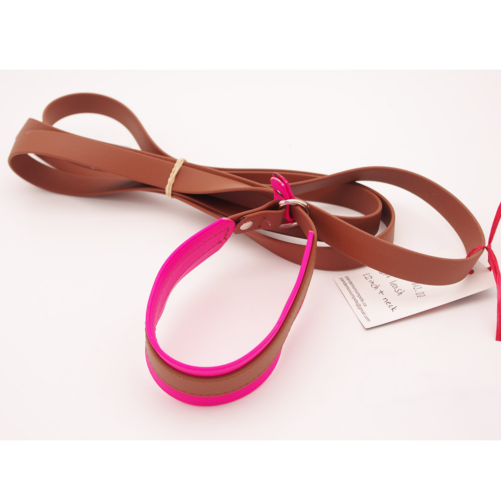 Medium - Double Layer Biothane Slip Leash - 12 inch plus neck - Brown and Pink