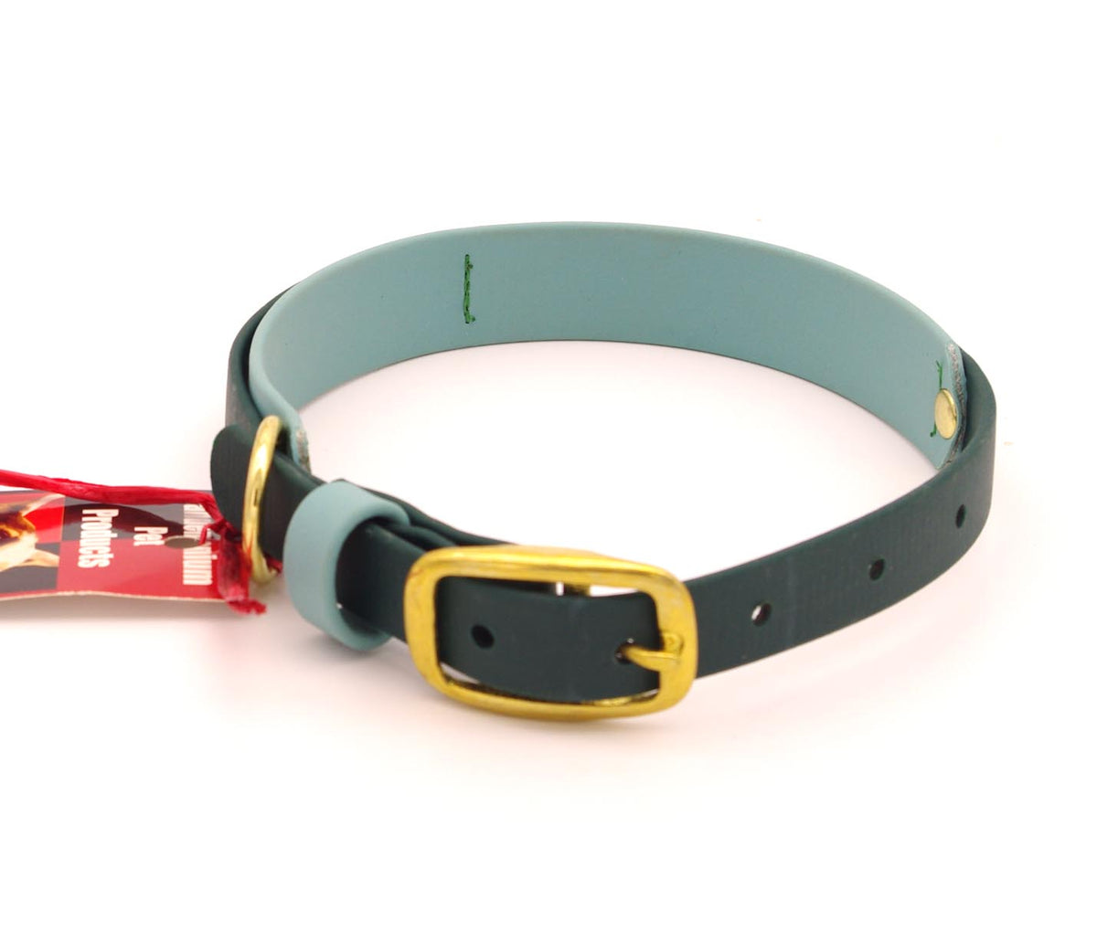 Medium (14 - 18 inches) - 1 inch wide - double layer biothane - Hunter Green over Sage - Brass Plate Hardware