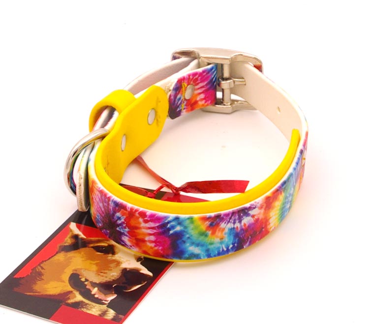 Medium 1 inch wide: Double Layer UV printed Biothane - Tye Dye, Nickel Hardware, 10 - 14 inches