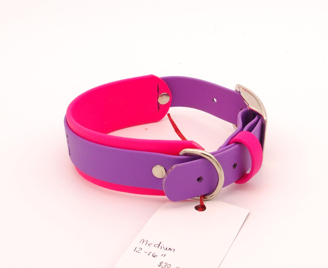 Medium - 1.5 inch wide - double layer biothane - Hot Pink and Amethyst with nickel Hardware - 12 - 16 inches