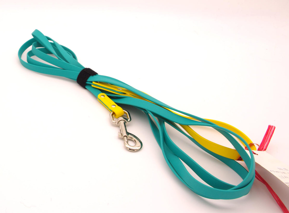 12 ft, 1/2 inch wide, biothane leash - Teal with Yellow accents - Light Nickel Clip