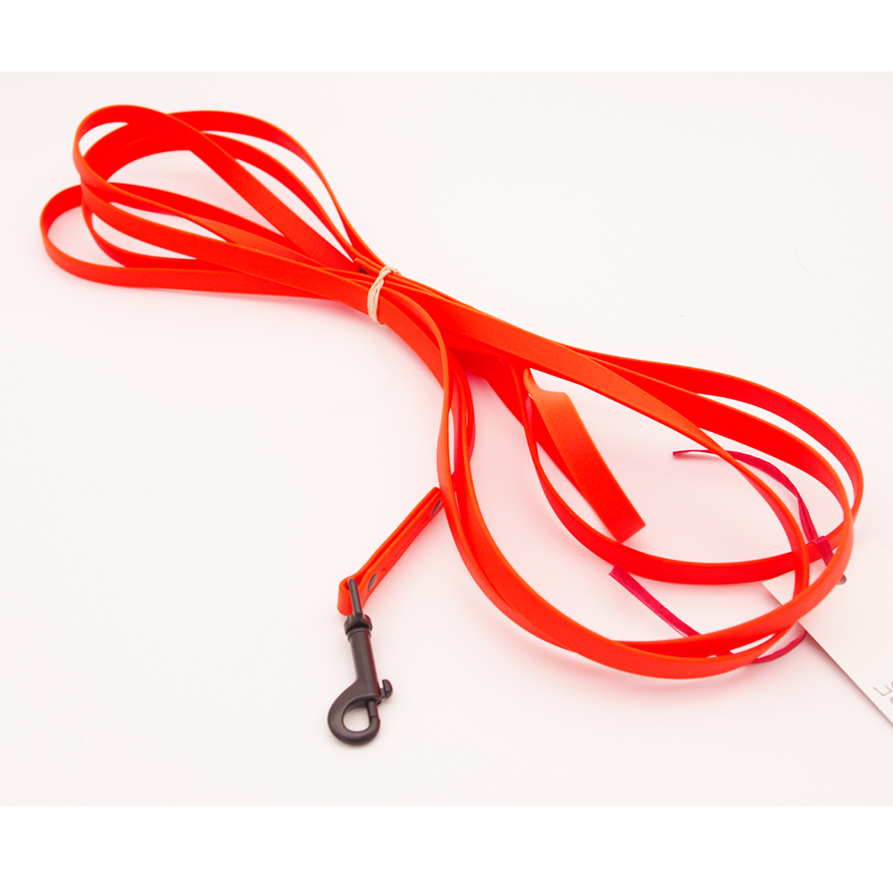 12 ft light long line - 1/2 inch wide Orange biothane with black swivel snap
