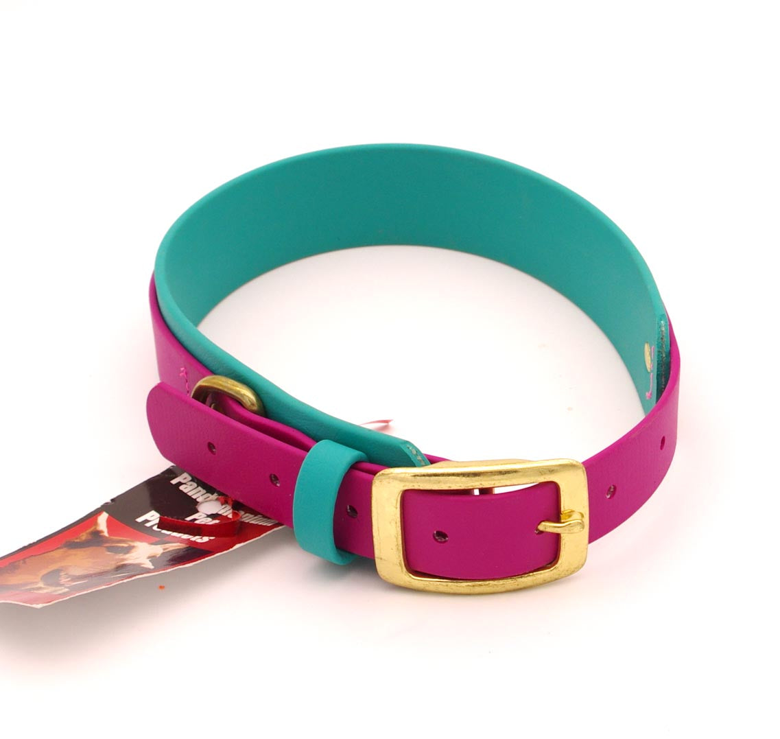 Large - 1.5 inch wide - double layer biothane - Magenta and Teal with Brass Plated Hardware - 18 - 24 inches