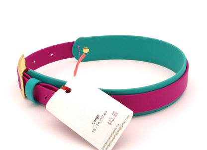 Large - 1.5 inch wide - double layer biothane - Magenta and Teal with Brass Plated Hardware - 18 - 24 inches