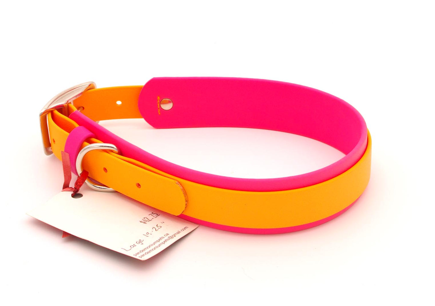 Large - 1.5 inch wide - double layer biothane - Hot pink and creamsicle with nickel Hardware - 19-25 inches