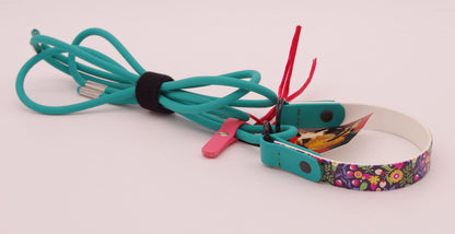 Martingale Leash - Flowers (UV printed) neck and Teal Rope leash
