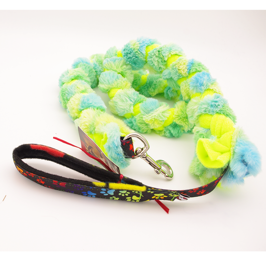 Tug Leash: Blue Green with Rainbow Paw strapping and Swivel Snap
